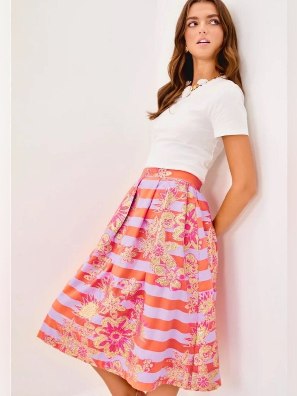 NWT Lilly Pulitzer Lauderdale Midi Skirt “Papaya Metallic Floral Stripe” Size 00 - Picture 3 of 6